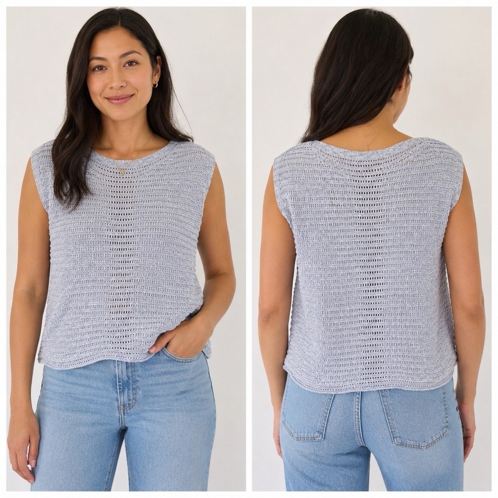 EILEEN FISHER Organic Cotton Crochet Knit Sleeveless Top Sz M Boat Neck Lt Blue